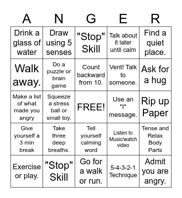 Anger Bingo Card