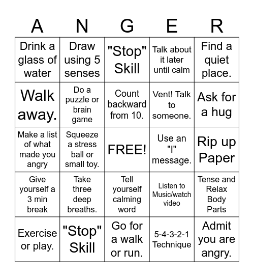 Anger Bingo Card