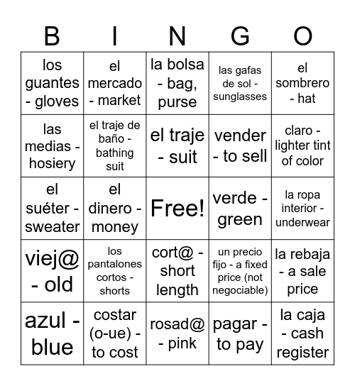Chapter 6 Clothing Vocabulary Bingo Card