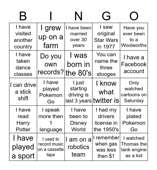 Ice Breaker Bingo Card