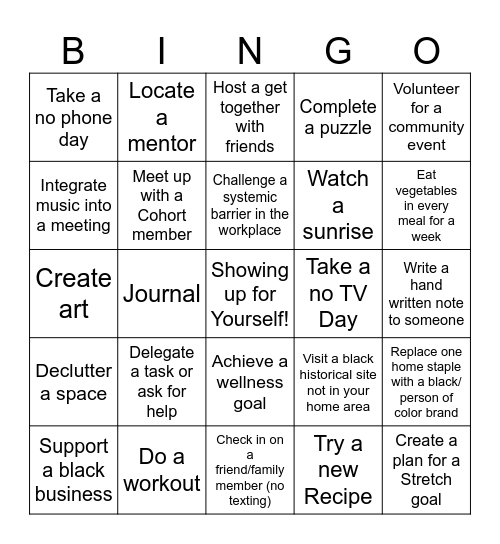 Showing up for Yourself Bingo Card