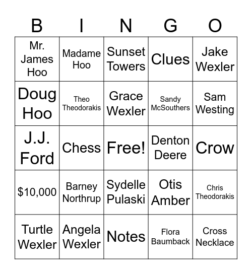 Westing Game Bingo Card