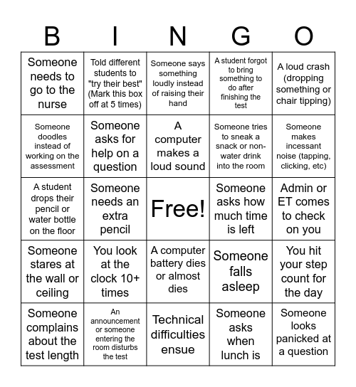 Assessment Proctoring Bingo Card