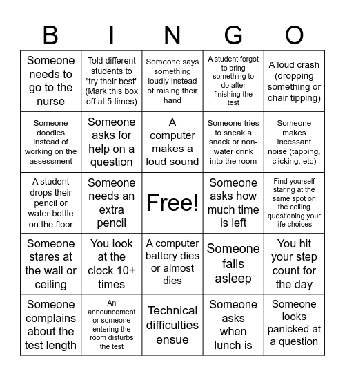 Assessment Proctoring Bingo Card