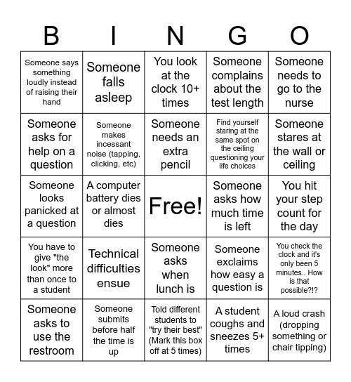 Assessment Proctoring Bingo Card