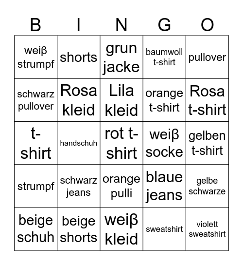 Kleidung Bingo Card