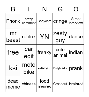 Youtube Bingo Card