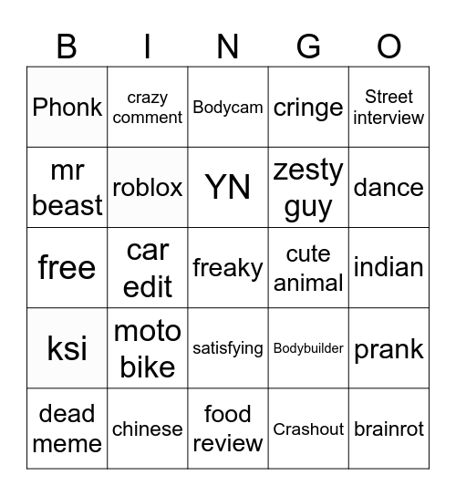 Youtube Bingo Card