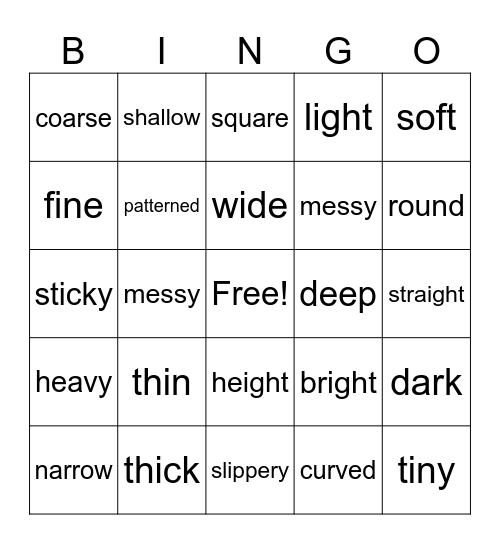 Describing Things Bingo Card