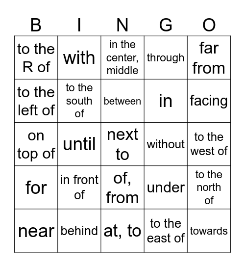 LOTO con las preposiciones Bingo Card