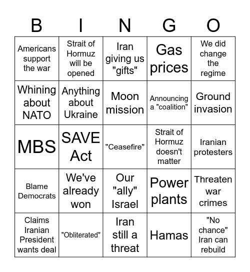 Trump Iran Cope Speech Bingo Card