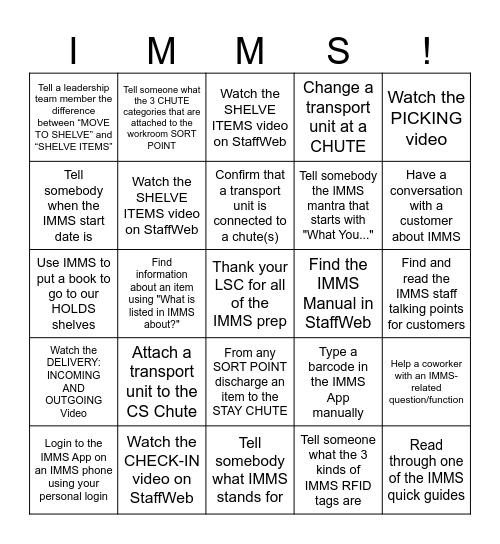 IMMS Bingo Card