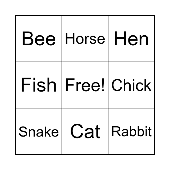 Animals Bingo Card