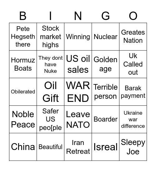 Trump Speech Bingo Card