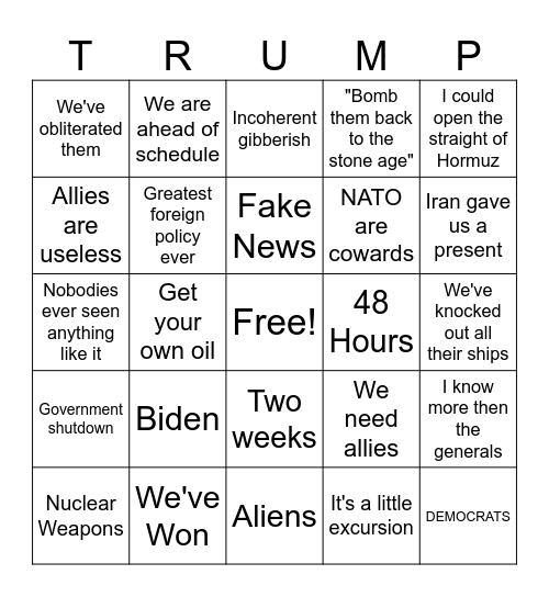 Trump speech Bingo Card