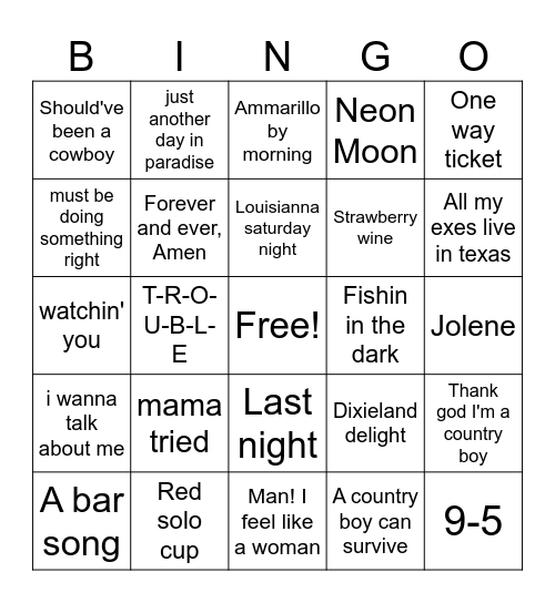 Country Tunes Bingo Card