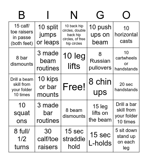 Xcel Bingo Card