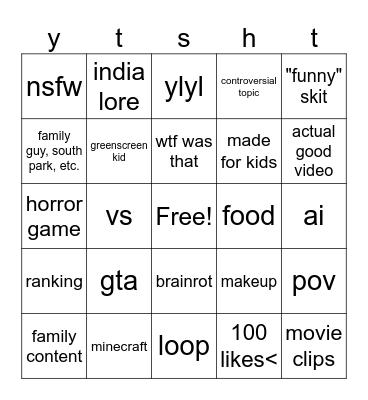 yt shorts bingo Card
