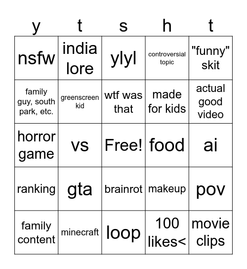 yt shorts bingo Card