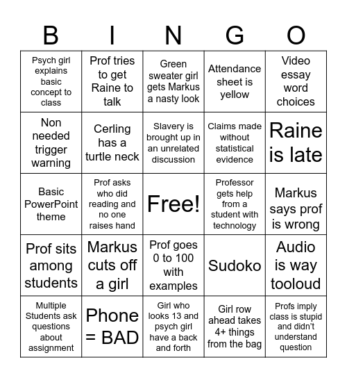 HUMM 3990 Bingo Card