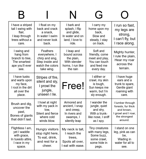 To the Zoo! Bingo Card
