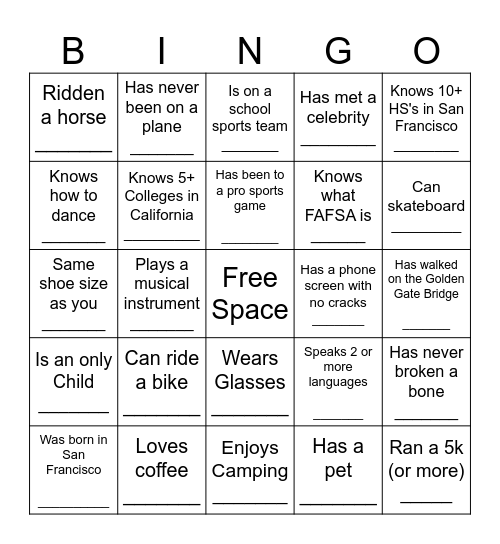 YOUTH HUMAN BINGO Card