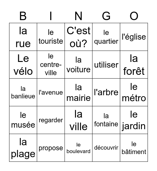 Vocabulaire Bingo Card