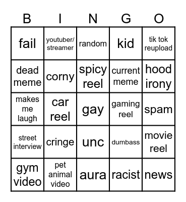 Instagram reel bingo Card