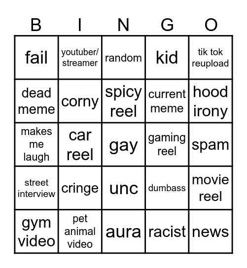 Instagram reel bingo Card