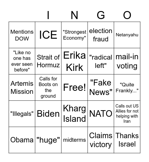 TRUMP ADDRESS MENTIONS Bingo Card