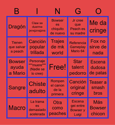 Mario movie Bingo Card