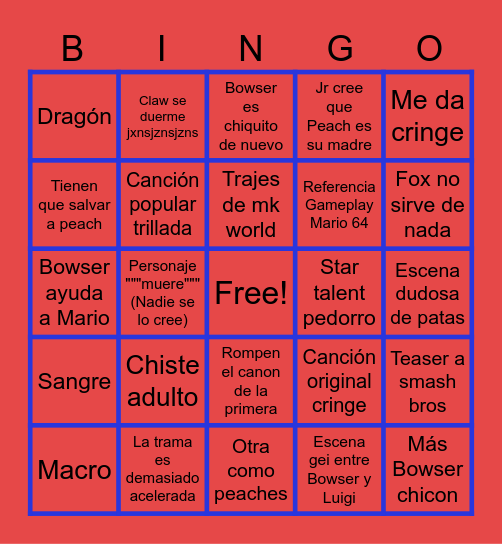 Mario movie Bingo Card