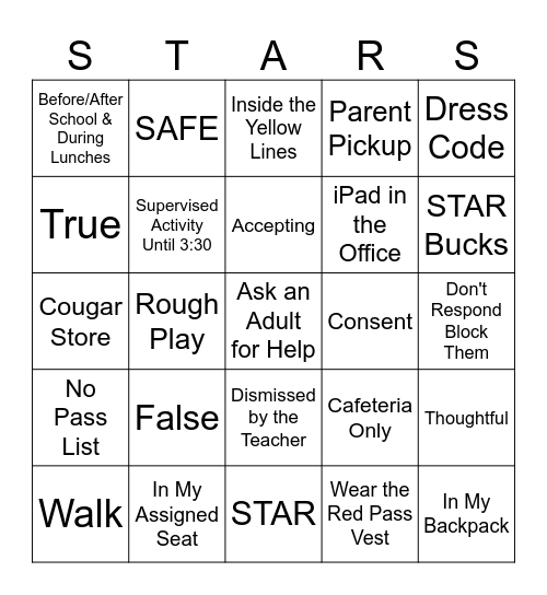 STAR Expectations BINGO Card