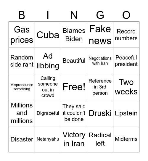 Trump Iran War Speech Bingo Card