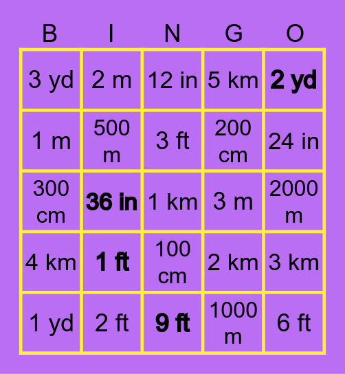 Length Conversion Bingo Card