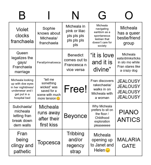 Franchaela season Bingo Card