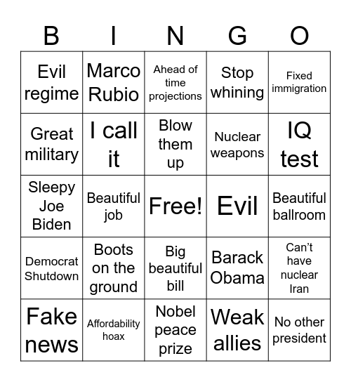 Trump Iran War Bingo Card