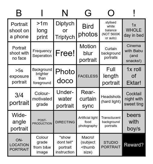 Photography 2026 Bingo Card