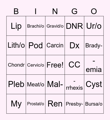 Medical Terminology Bingo Card
