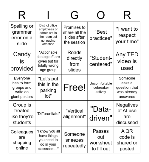 Inservice Day Bingo Card