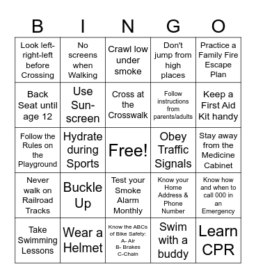 Safe Kids Bingo Card