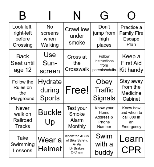 Safe Kids Bingo Card