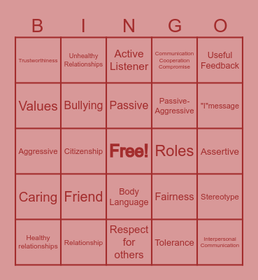Healthy Relationships Project Bingo Card