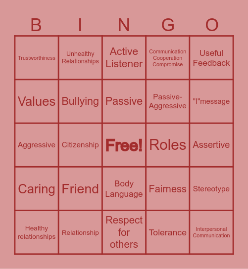 Healthy Relationships Project Bingo Card