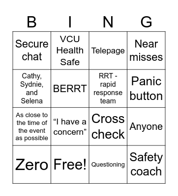 Patient Safety Bingo Card