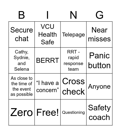 Patient Safety Bingo Card