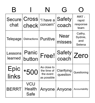 Patient Safety Bingo Card