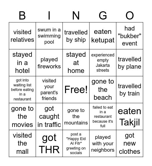 Have you ever: Eid Holiday edition Bingo Card