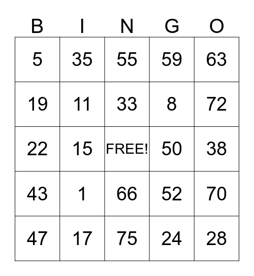 Number Bingo Card