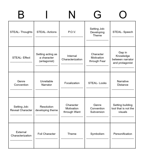 SHORT STORIES BINGO Card